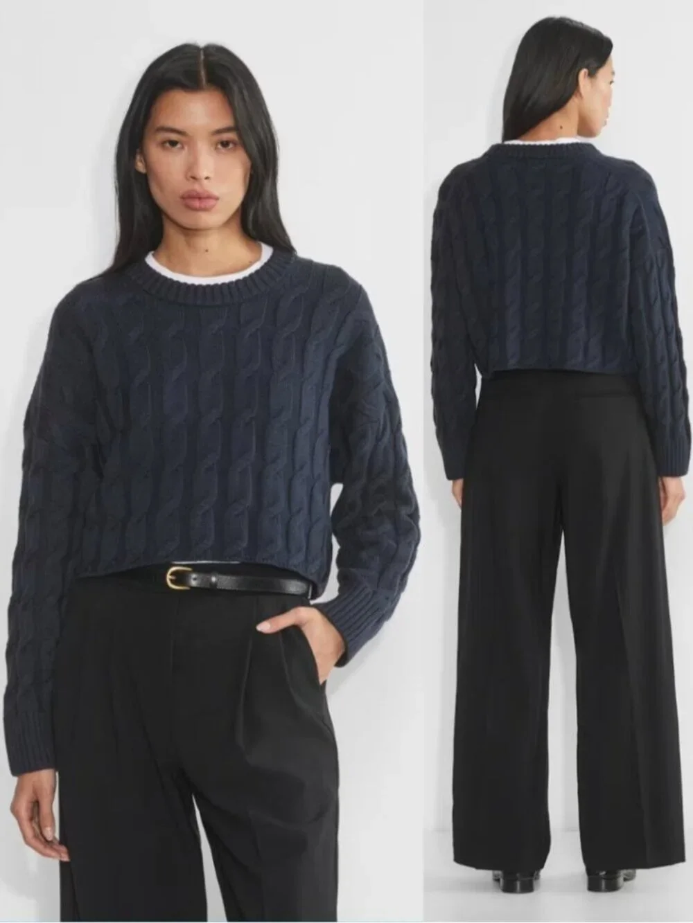 Babaton Navy 100% Merino Wool Cable Knit Cropped Sweater